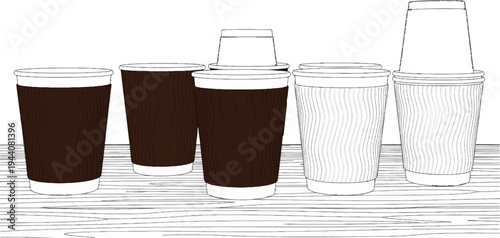 Assortment of disposable cups with ribbed sleeves, some filled, some stacked
