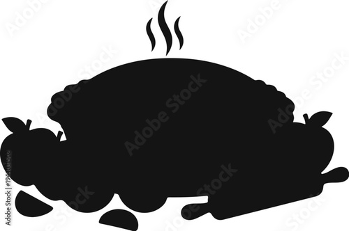 A silhouette of a steaming pie with apples and a rolling pin