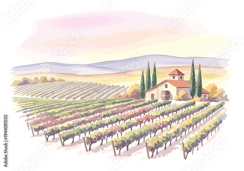 Vineyard landscape with farmhouse and rolling hills in soft pastel colors