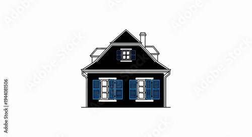 Classic house with pitched roof, dormer window and blue shutters on facade