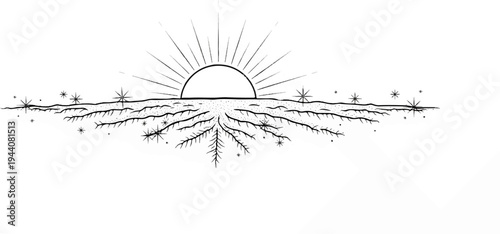 A sun rises above textured ground with exposed roots and scattered starbursts