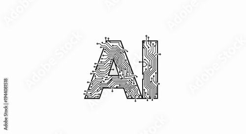 Black and white abstract illustration of "AI" letters made of circuit board pathways