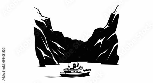 A ship sails through a dark, narrow mountain pass under a white sky