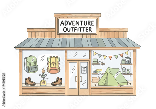 Adventure Outfitter store exterior with camping gear displayed in the windows