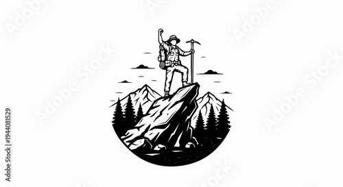 Climber celebrates triumph atop a rugged peak, holding an ice axe