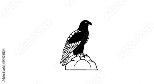 A silhouette of a bird of prey perched stoically on a rocky outcrop