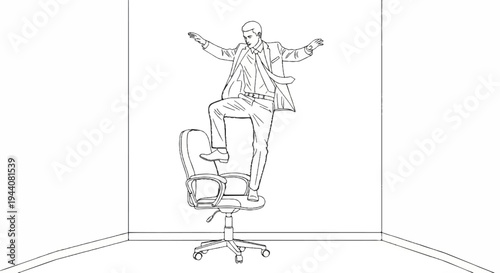 Man in suit balances precariously on office chair, arms outstretched for stability
