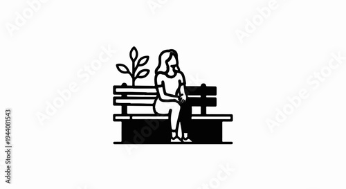 Minimalist illustration of a woman sitting on a park bench next to a small plant