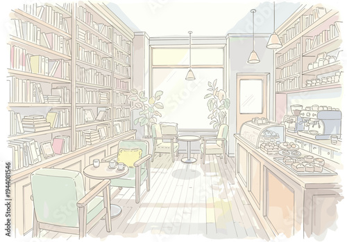 Cozy bookstore cafe interior with bookshelves, comfortable seating, and a coffee bar