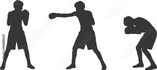 Dynamic Boxer Silhouette Set with Punching Attack and Defensive Exhausted Fight Poses