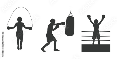 Sports Fitness Silhouette Set with Jump Rope Boxing Punching Bag and Victory Ring Poses