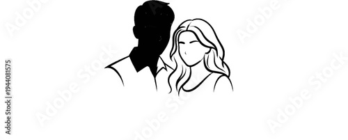 Minimalist line art depicting a couple, one figure in silhouette
