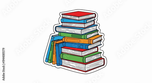 A tall stack of colorful, open books with pages visible