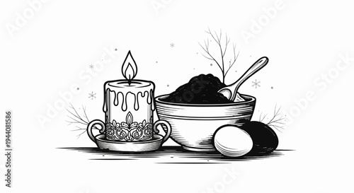 Festive still life a lit candle, bowl of dark food, spoon, and eggs with winter motif