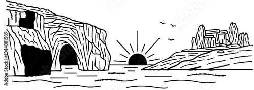 Coastal cave entrance and ancient stone structures at sunrise