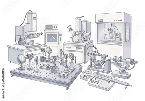 Scientific laboratory equipment and optical experiment setup with lasers and microscopes