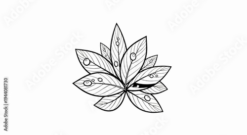 Black and white drawing of leaves with dew drops and a hidden eye