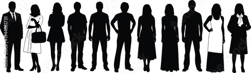 Business and casual people silhouettes collection, men and women standing full body poses, diverse human characters vector illustration isolated