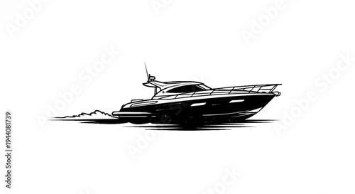Monochrome illustration of a fast motor yacht slicing through the waves