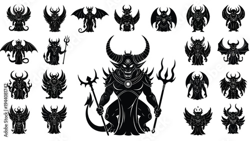 Vibrant collection of stylized mythical and fantasy creatures in black and white Vector