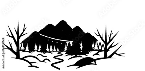 Silhouette of a winter landscape with mountains, pine trees, bare trees, and a winding path