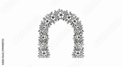 Black and white floral archway adorned with delicate blossoms and lush foliage