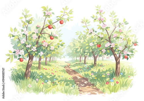 Charming watercolor illustration of an apple orchard path lined with blooming trees and red apples