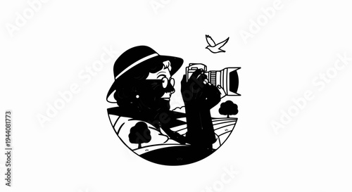 Silhouette of a woman in a hat taking a photo in a scenic landscape