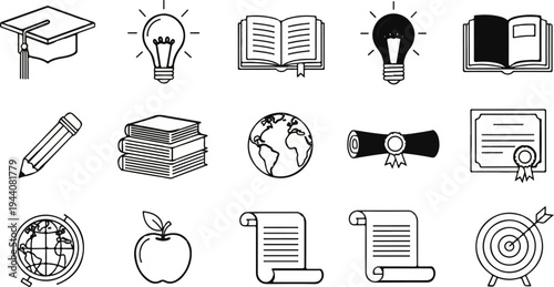 Collection of educational icons cap, lightbulbs, books, pencil, globes, apple, scrolls, diploma, target