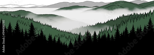 Misty mountain peaks veiled by dense, dark green evergreen forests