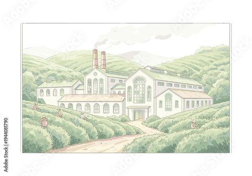 Illustration of a tea factory with workers harvesting tea leaves in the surrounding fields