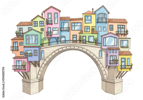 Colorful cartoon houses built on a stone bridge with balconies and potted plants