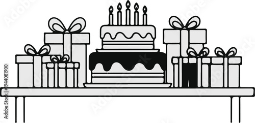 Multi-tiered cake adorned with candles and surrounded by beautifully wrapped gift boxes