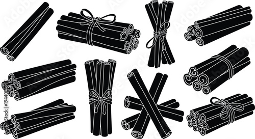 Cinnamon stick bundle silhouette illustration tied with ribbon, vintage spice artwork symbolizing flavor, aroma, culinary, kitchen, cooking, herbal, natural design