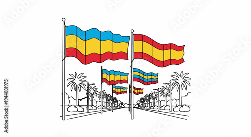 Colorful flags wave on poles along a street lined with palm trees
