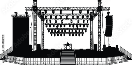Concert stage silhouette illustration with DJ booth, lighting rigs, speakers, podium setup, event artwork symbolizing music, performance, entertainment, festival, design