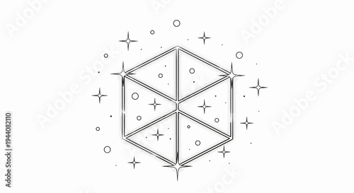 Stylized hexagonal geometric shape adorned with scattered stars and circles