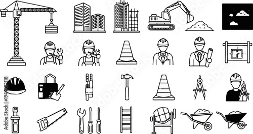Construction icons crane, builders, tools, vehicles, and buildings