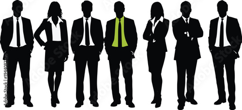 Business team silhouettes collection, corporate men and women in formal suits standing confident leadership poses isolated black vector illustration