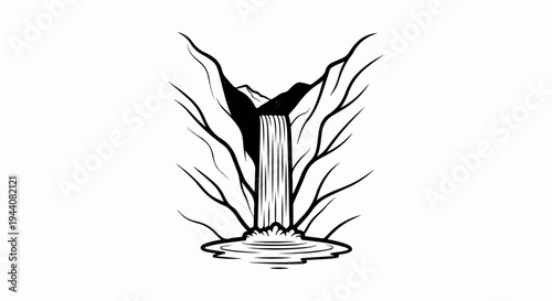 Black and white illustration of a stylized waterfall cascading down rocks into a pool