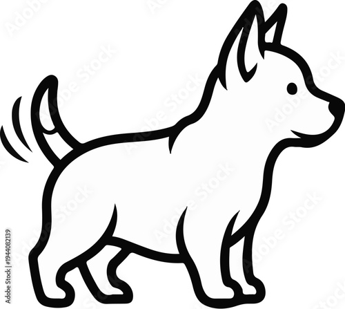 Simple line drawing of a playful dog with erect ears and a wagging tail