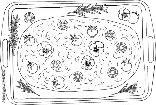 Flat lay of baked food with tomatoes, flowers, and herbs on a tray