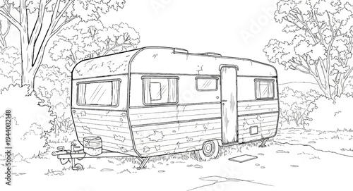 Old, weathered trailer sits amidst lush trees and foliage under an open sky