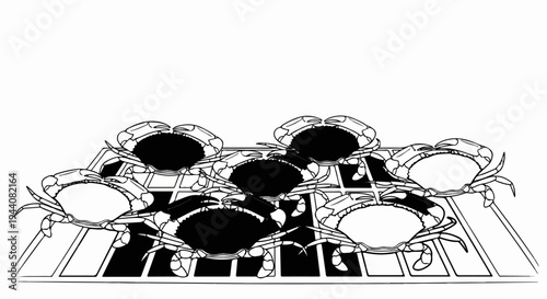Six crabs are displayed on a wire grill with black fill