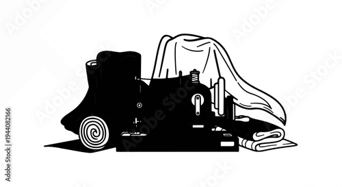 Black and white illustration of a vintage sewing machine with fabric