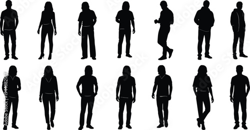 Casual people silhouette collection, standing men and women poses, modern human characters, diverse lifestyle figures vector illustration isolated on white