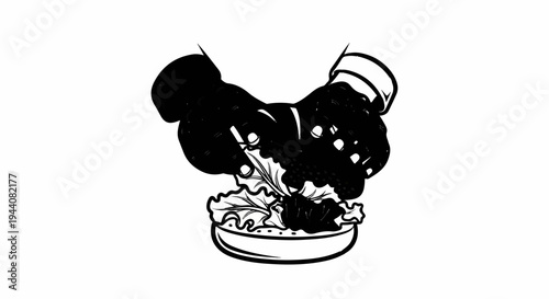 Stylized illustration of a butterfly with dotted wings perched above salad