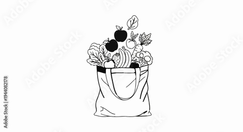 Black and white illustration of a tote bag overflowing with fresh produce