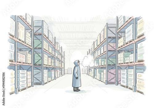 Man in cold storage warehouse exhaling visible breath amidst rows of shelves