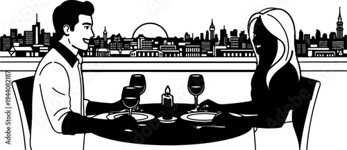 Couple enjoys romantic dinner with city skyline and sunset backdrop